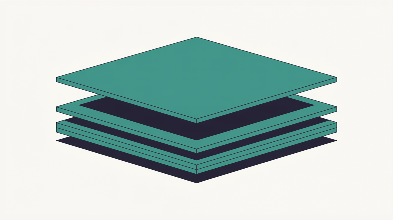 Abstract illustration of a floating translucent panel disconnected from a solid structural grid beneath it, teal lines on warm grey background
