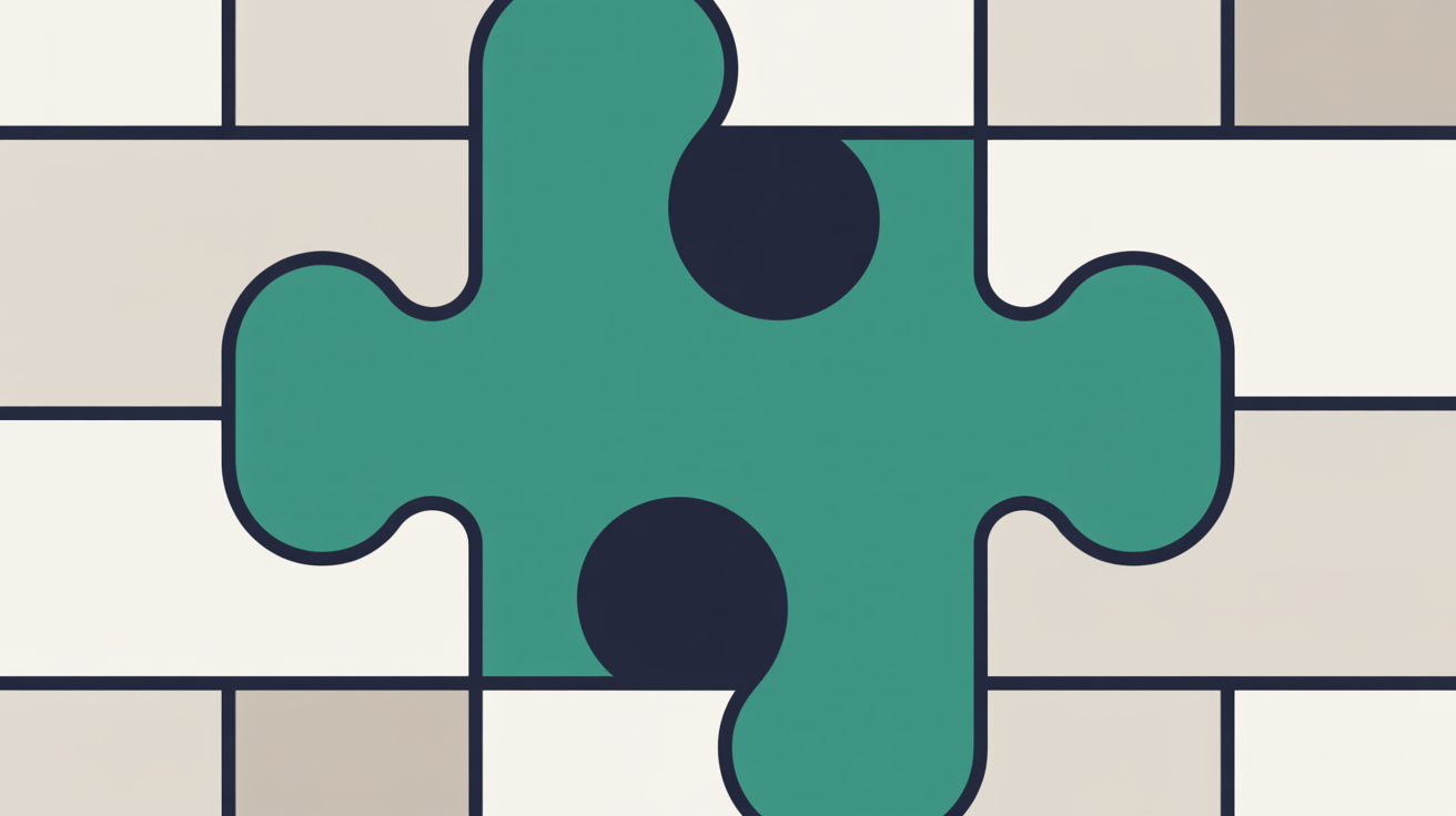 Abstract illustration of an irregular gap within a structural grid being filled by a matching solid teal block, warm stone grey background