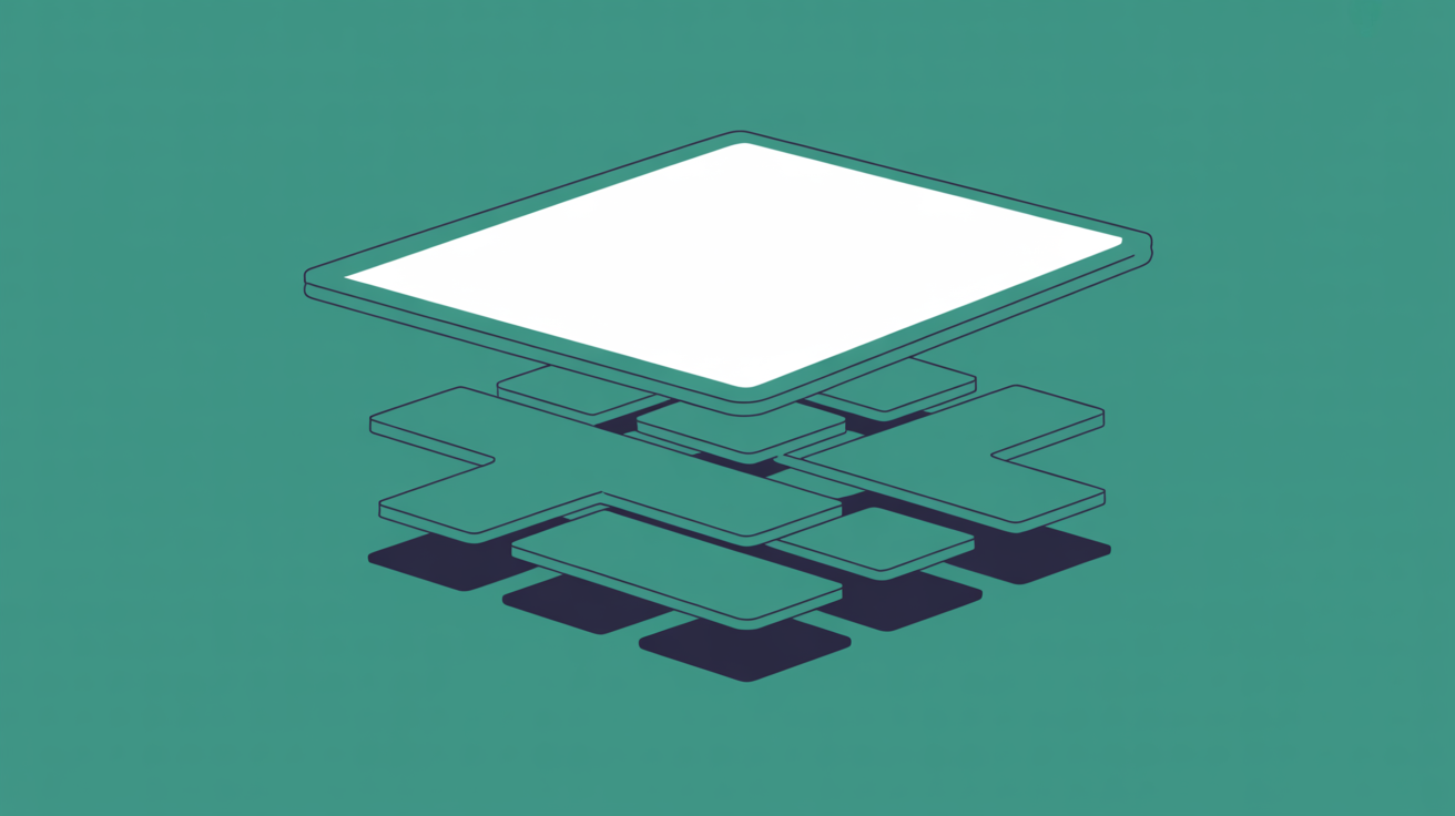 Flat illustration of a layered interface with a thin surface panel sitting disconnected above a deeper structural grid, teal accent on warm stone grey background