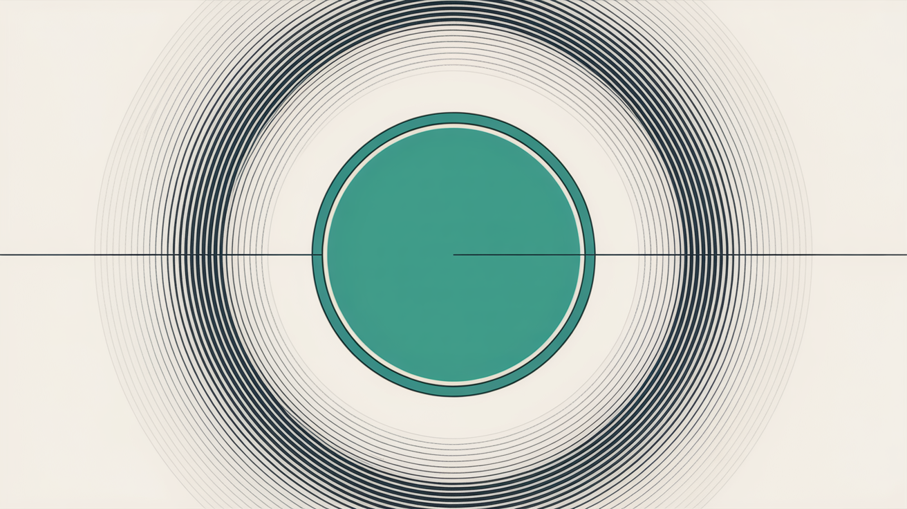 Flat illustration of a solid teal circle ringed in dark navy, with fine concentric circles radiating outward across a pale stone background