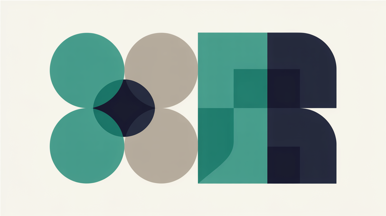 Flat illustration of four overlapping teal and grey circles meeting at a dark centre, set beside a block of interlocking teal and navy rectangles