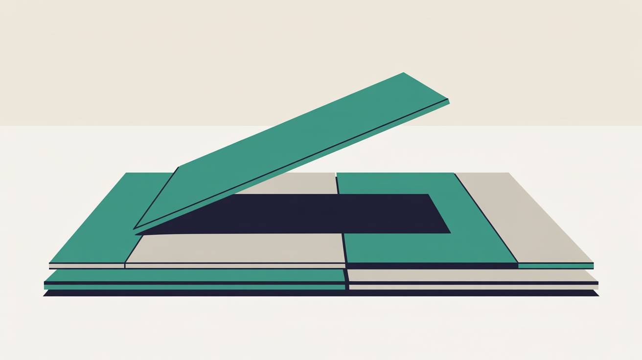 Flat illustration of stacked rectangular planes in teal, stone grey and navy, with a single teal panel lifted at an angle above the stack