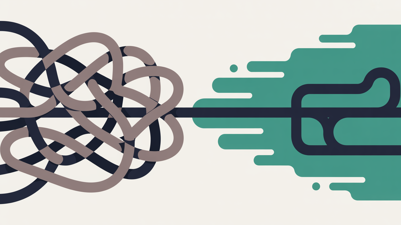 Abstract flat illustration contrasting tangled slow network nodes on the left with clean organised teal flowing connections on the right, warm grey background
