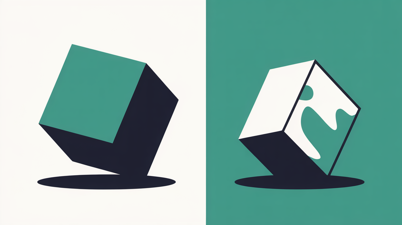 Abstract illustration of two contrasting zones showing imbalance of scale, teal geometric shapes on warm grey background
