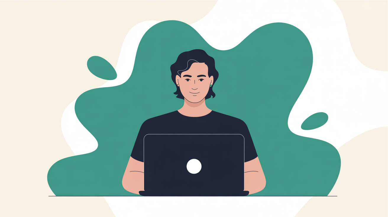 Flat illustration of a business owner confidently working on their own website on a laptop, teal accent on warm grey