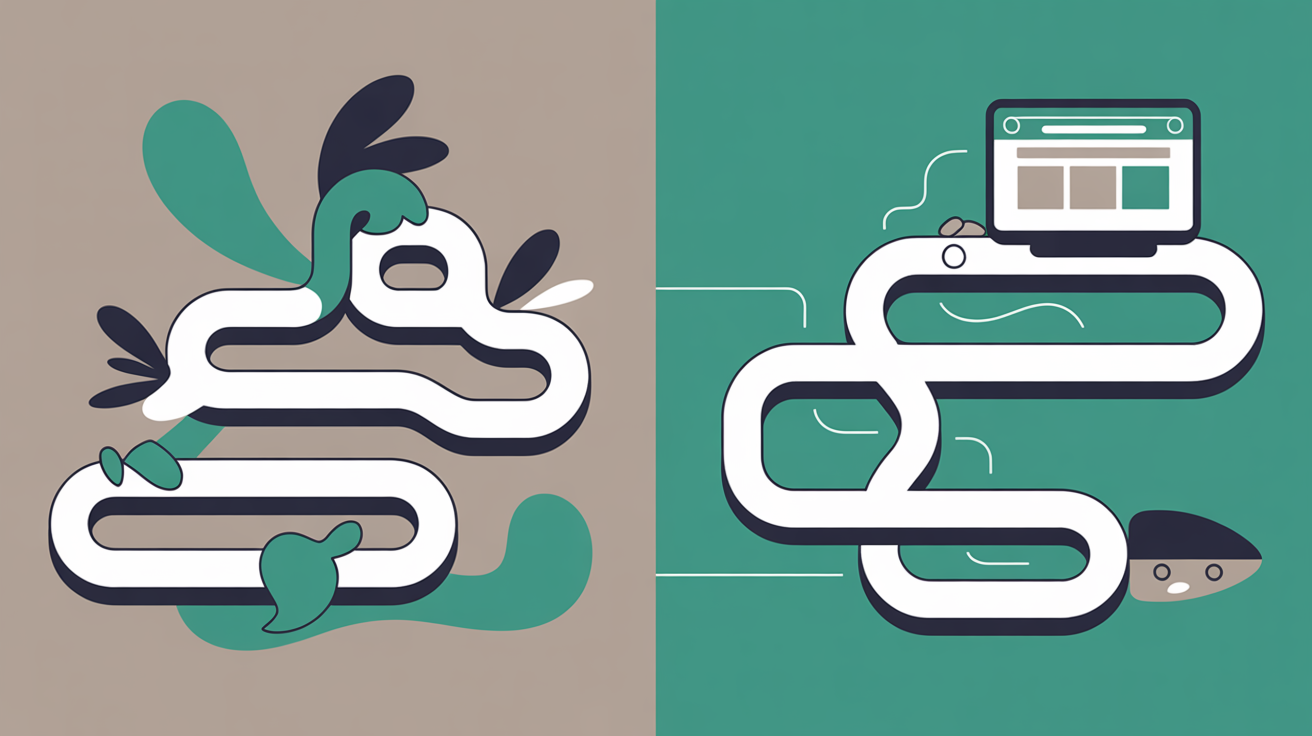 Flat illustration of two contrasting paths to a website, one long and winding, one short and direct, in teal on warm grey