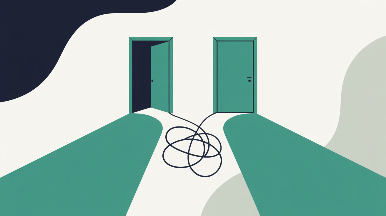 Flat abstract illustration showing two clean teal pathways reaching an open doorway while a third tangled path stops short, on a warm stone grey background