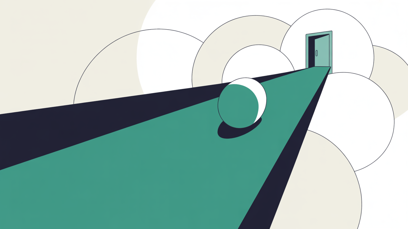 Flat abstract illustration of a single teal node moving along a clean path toward an open doorway among overlapping circles on a warm stone grey background, suggesting an automated visitor reaching a destination