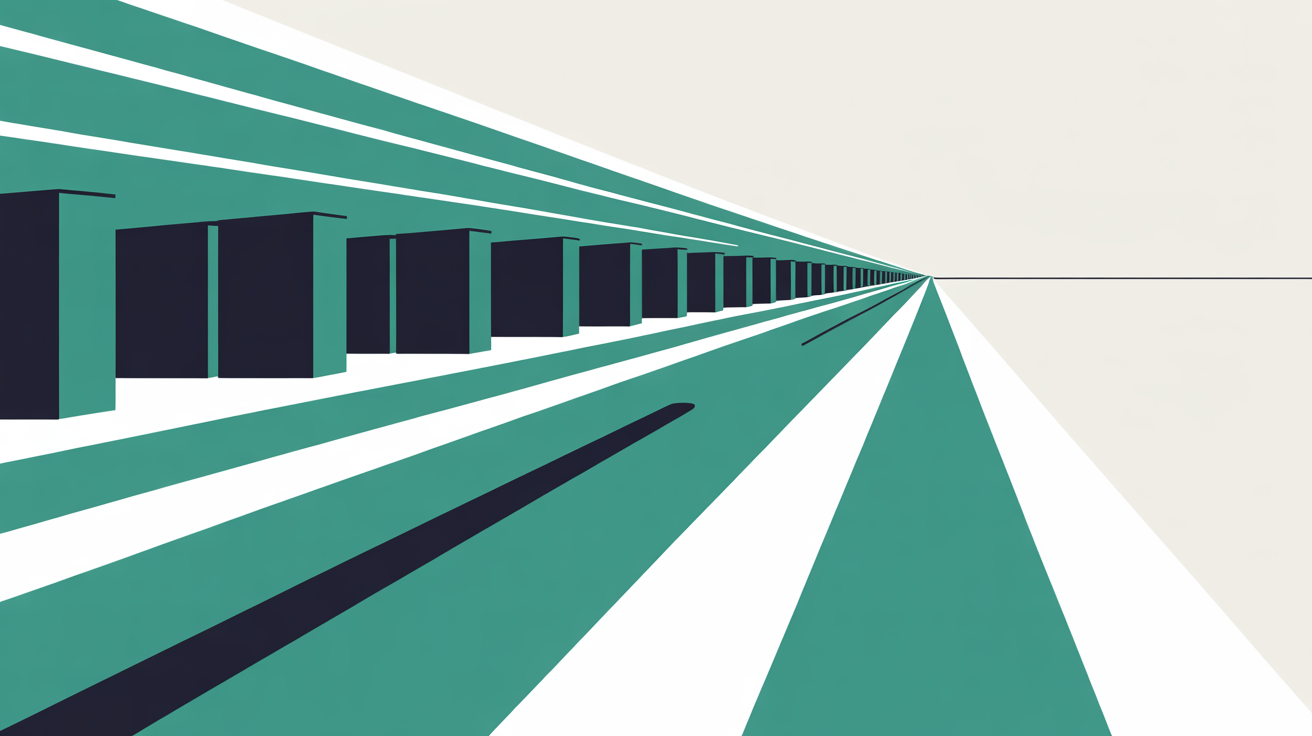 Abstract flat illustration of teal lines accelerating across a structured grid of anchor points suggesting fast machine-readable infrastructure