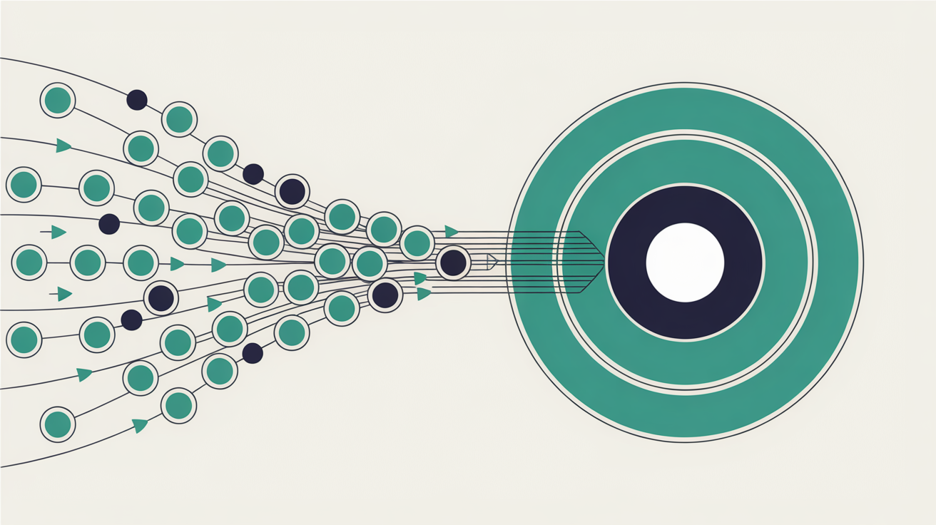 Abstract teal network with many overlapping circular nodes converging on a single origin point suggesting automated traffic reaching a server