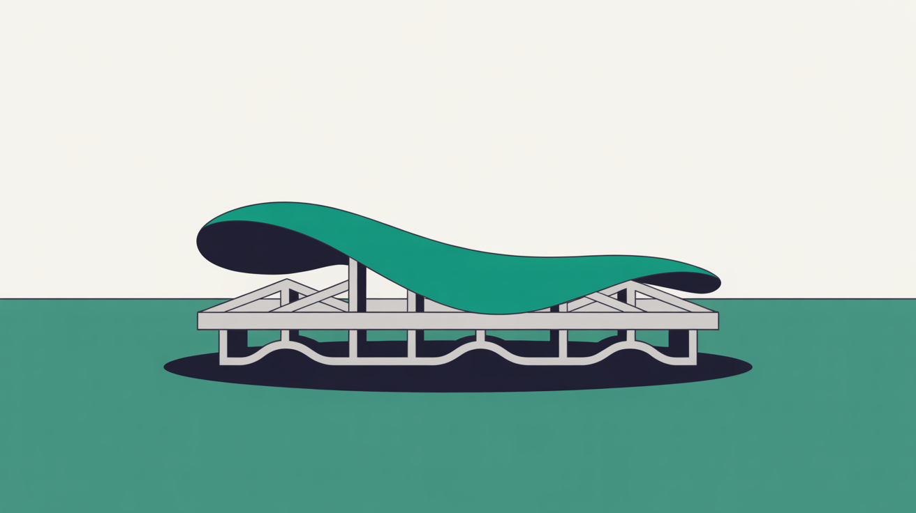 Abstract layered shapes in teal and warm grey, with a clean structural lattice underneath a softer organic line, suggesting infrastructure beneath the surface