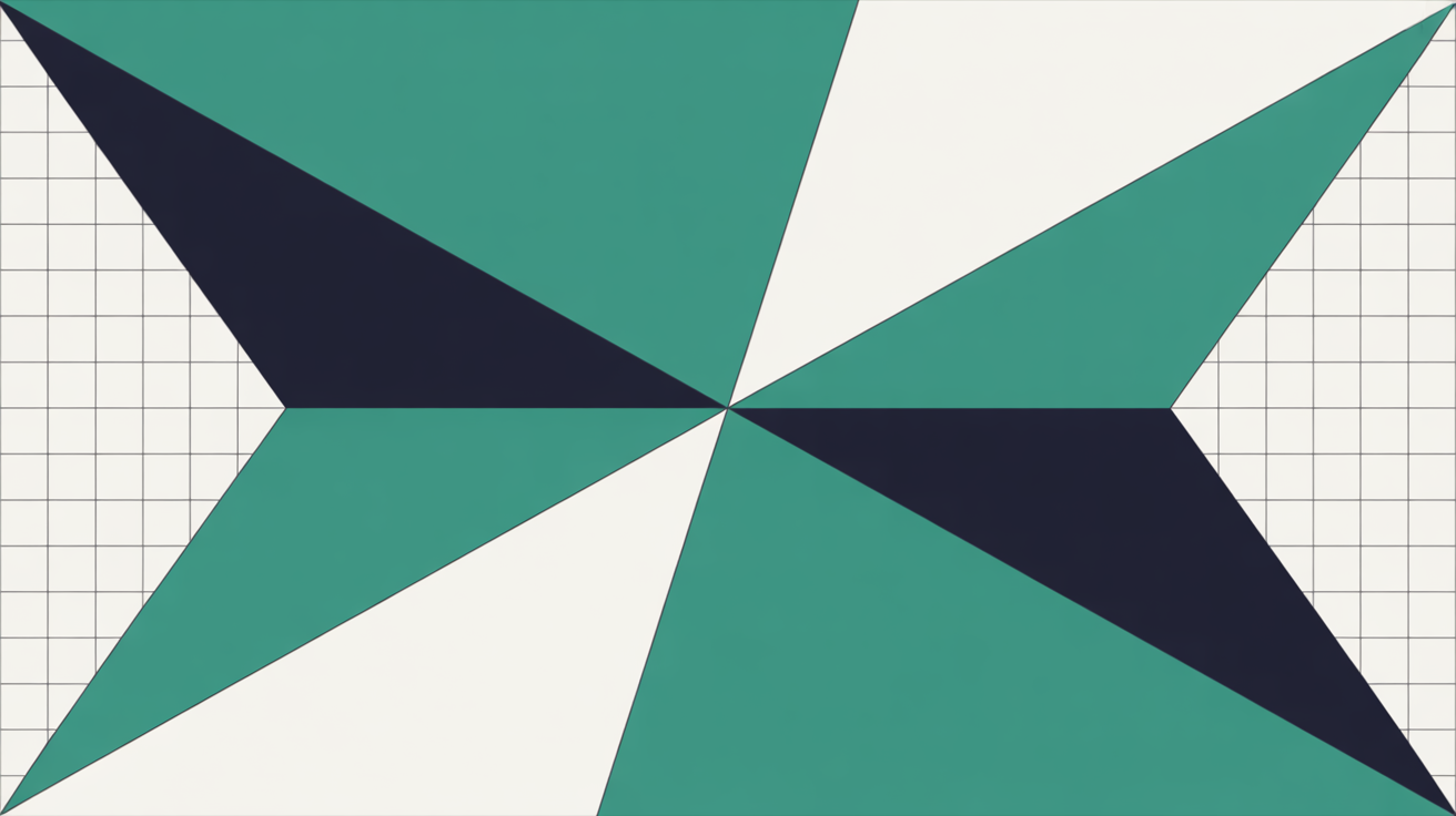 Two contrasting abstract zones on a warm stone grey background, one carrying a deep teal accent and structured geometric lines, the other left intentionally quieter, suggesting two different processes side by side