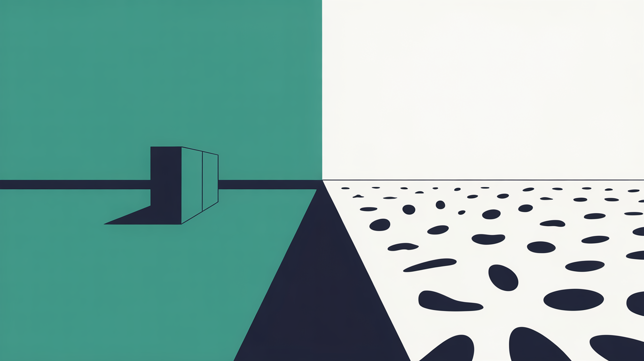 Flat abstract illustration of a high wall separating a small fixed shape from a wide open field of varied shapes, suggesting a walled-garden platform versus open design choice