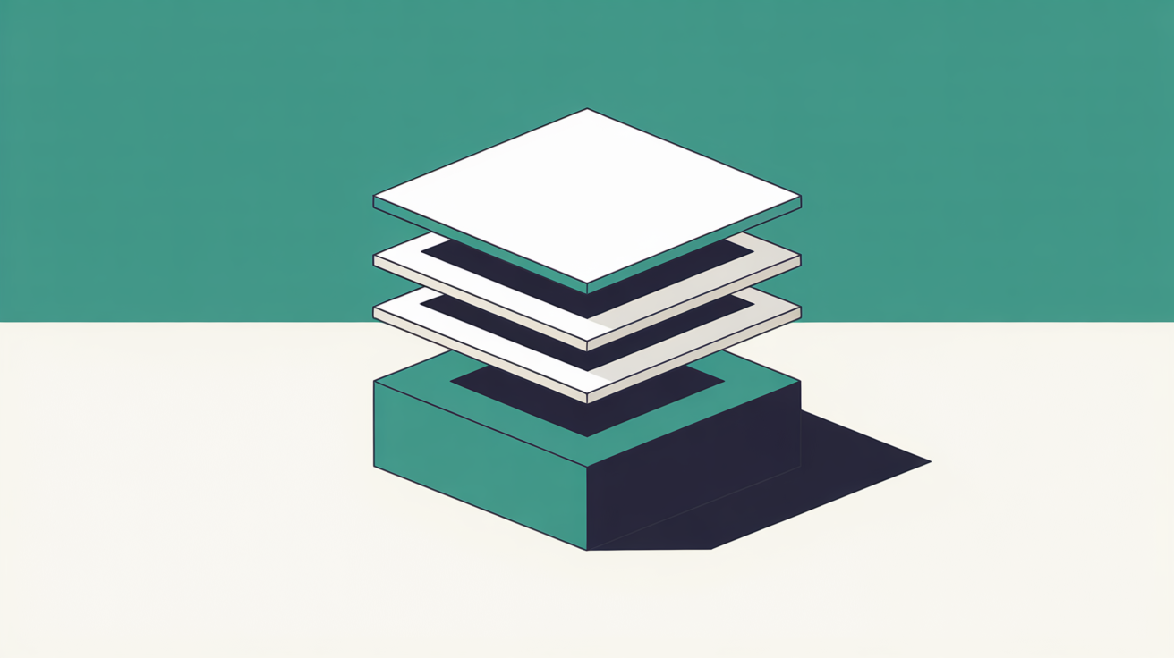 Flat abstract illustration of a single base shape with several interchangeable top layers floating above it, suggesting one set of content under many possible designs
