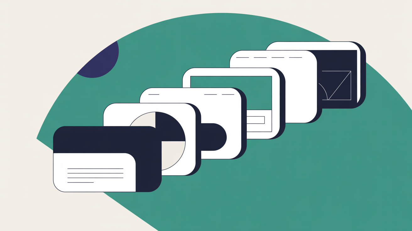 Flat abstract illustration of a single shape rearranging into several different layouts on a warm grey background, suggesting one website taking on many designs