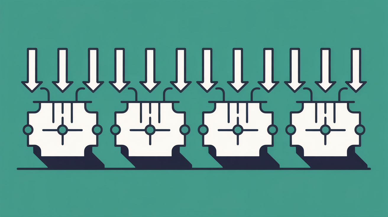 Flat abstract illustration of identical small geometric site shapes lined up while uniform arrows probe each one equally, on a warm grey background, suggesting indiscriminate automated attacks