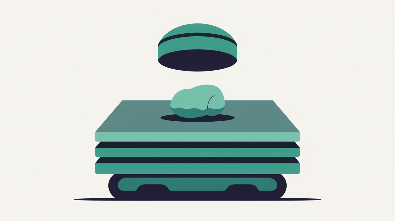 Flat abstract illustration of a single site shape resting on several stacked protective layers with a teal monitoring node above it, on a warm grey background, suggesting security built from the infrastructure up
