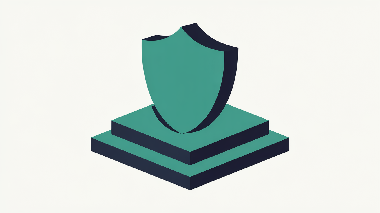 Flat abstract illustration of a single solid teal shield-like shape resting on a layered geometric base, on a warm grey background, suggesting protection built from the foundation up
