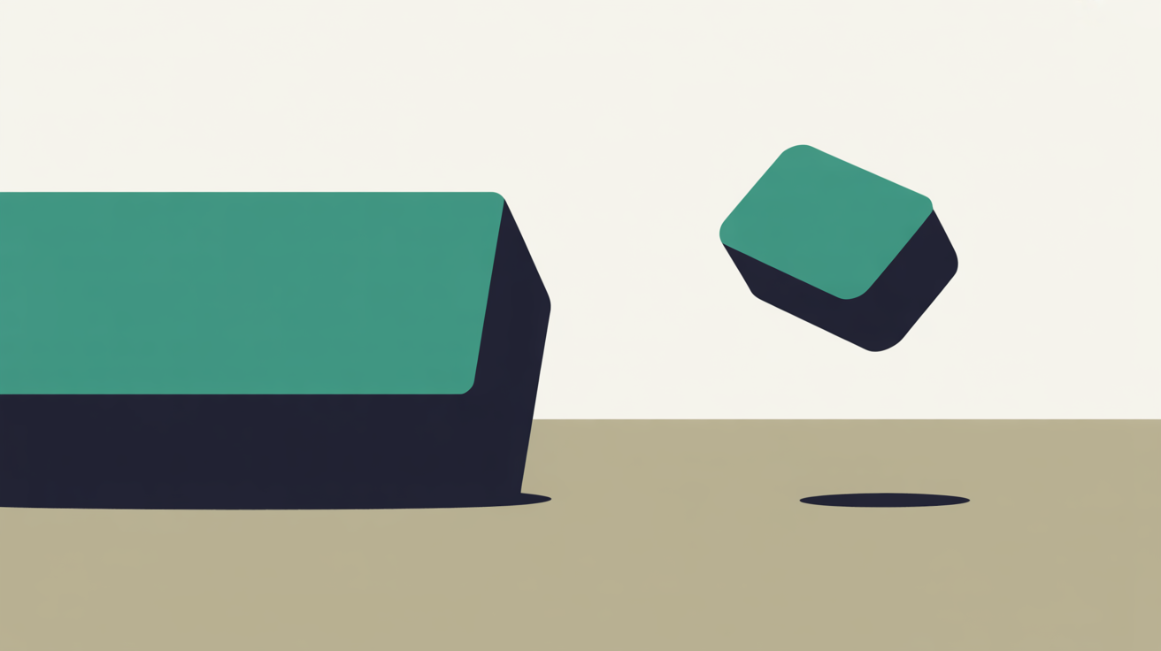 Flat minimal illustration with a large structured geometric block on one side and a small separate rounded teal shape hovering apart on the other, on a warm grey background, suggesting a small add-on set against a larger structure
