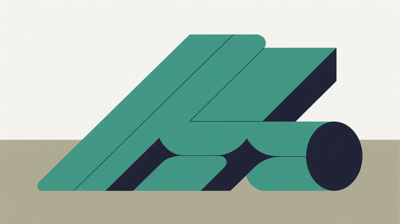 Flat minimal illustration of clean geometric forms stacking and aligning upward with subtle diagonal teal lines on a warm grey background, suggesting solid foundations and forward motion