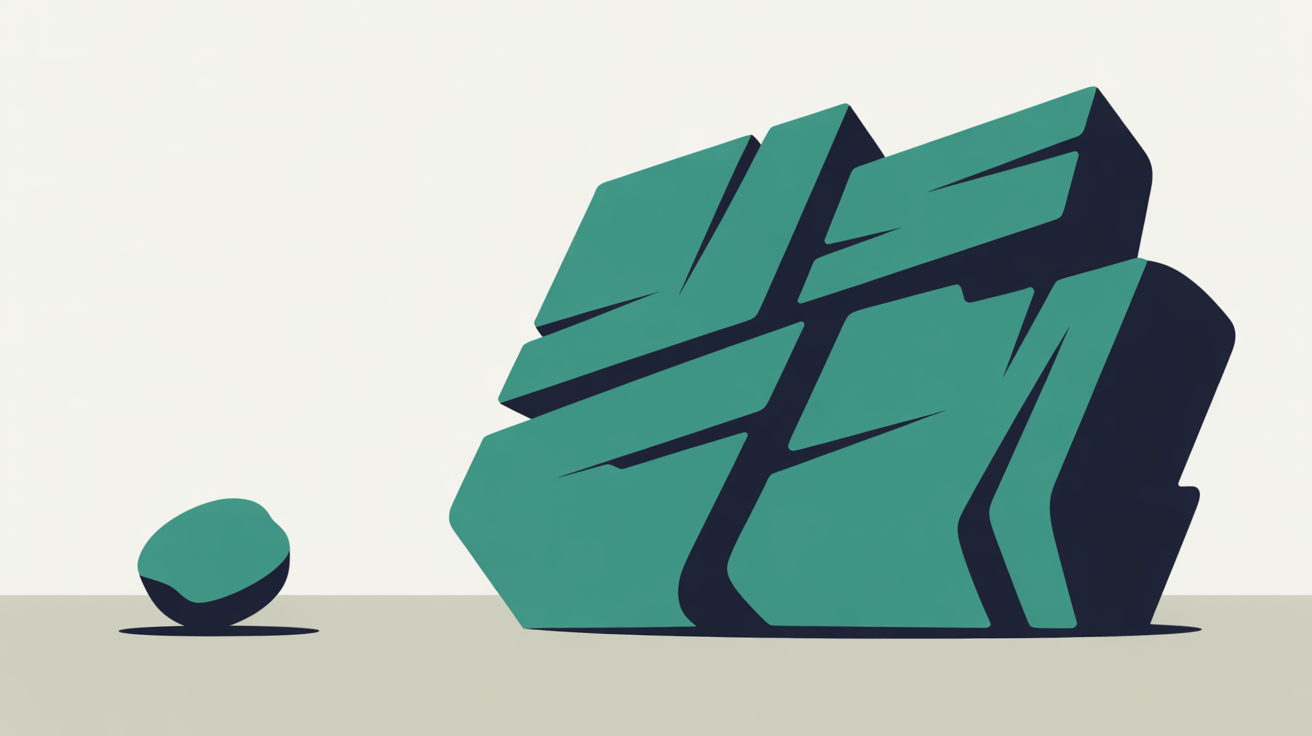 Bold flat illustration with diagonal teal lines cutting across a warm stone grey background and one small rounded form set apart from a larger structure, suggesting a single add-on element standing separate from the whole