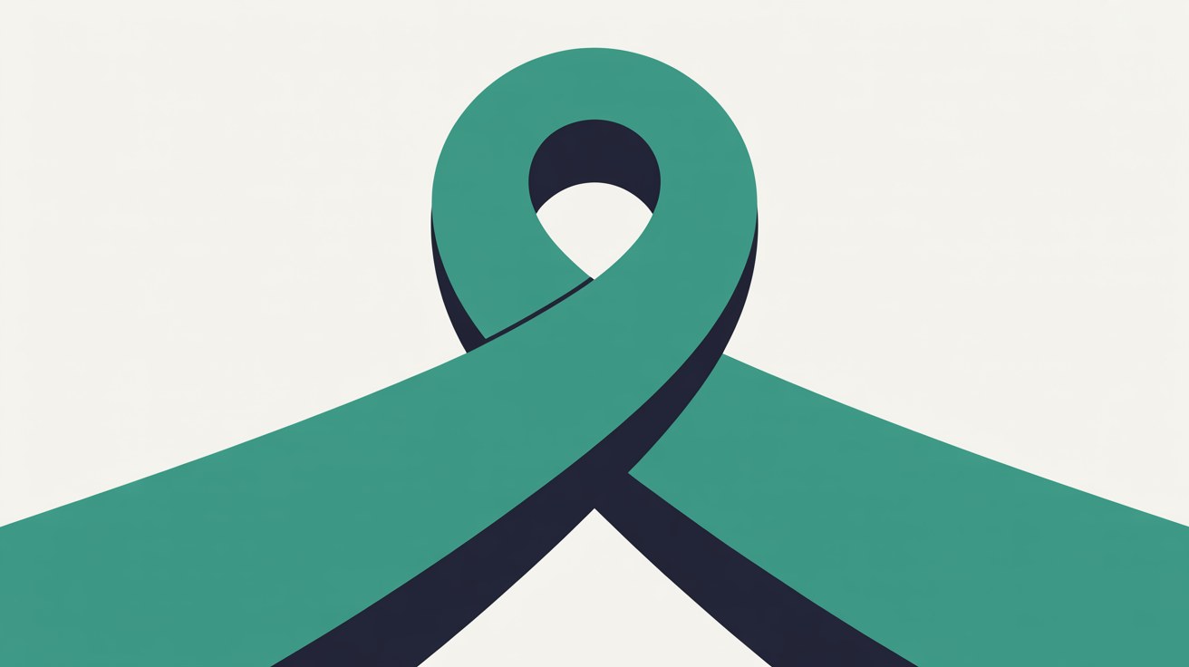 Two flat ribbons, one teal and one deep navy, crossing and looping over each other against a warm grey background