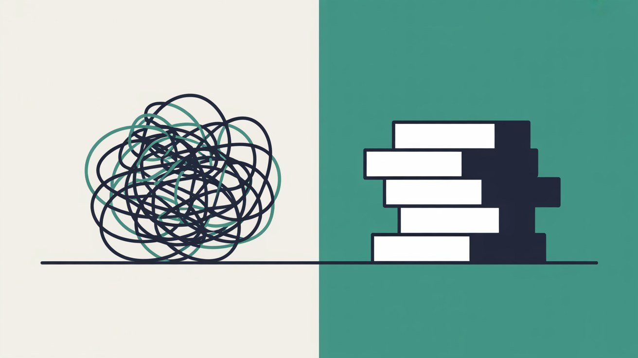 Flat illustration split down the middle, a dense tangle of looped navy and teal linework on one side and a neatly stacked set of rectangular blocks on the other