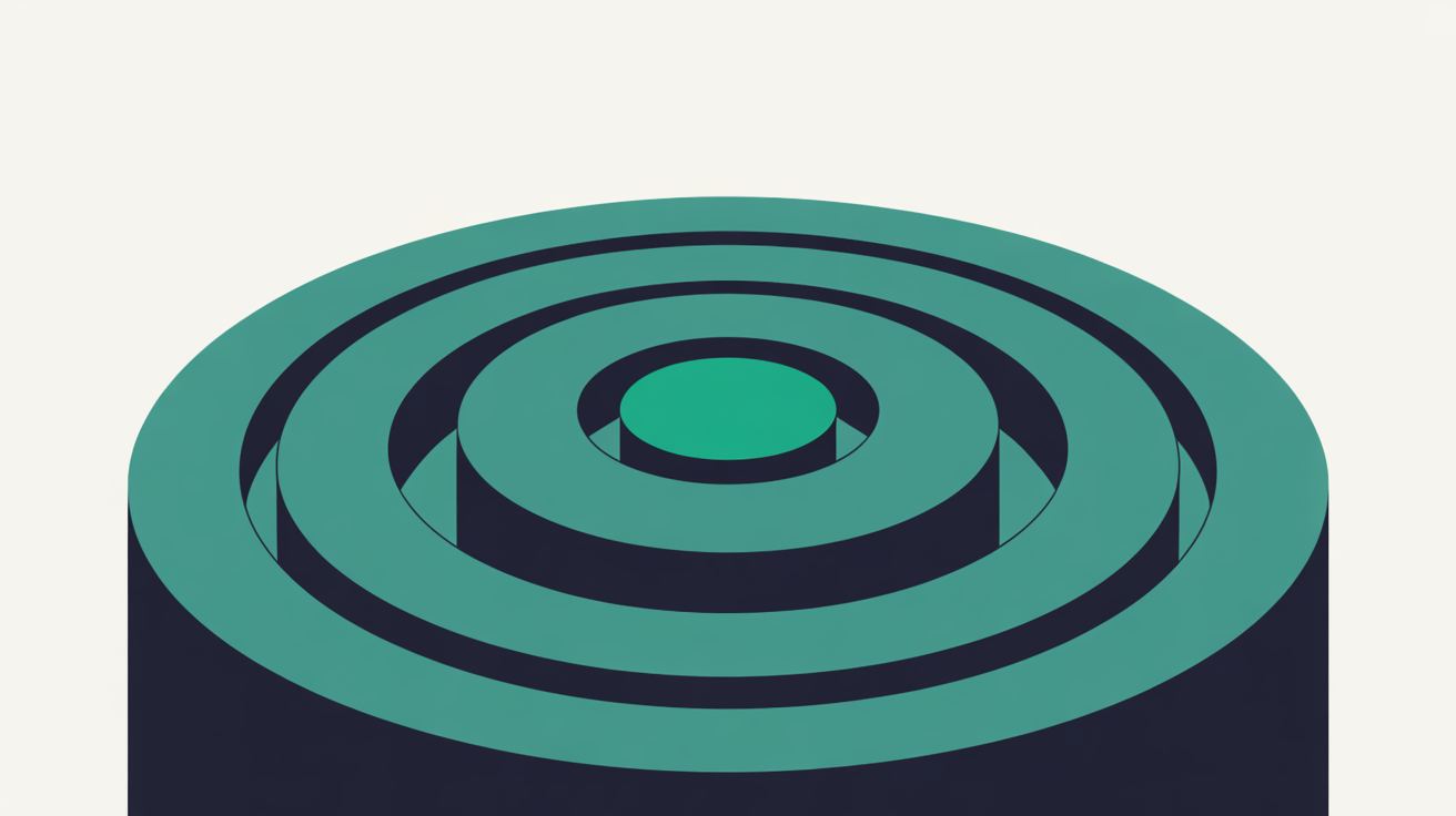 Abstract concentric teal rings radiating from a central node on a warm grey background, representing brand signal propagation