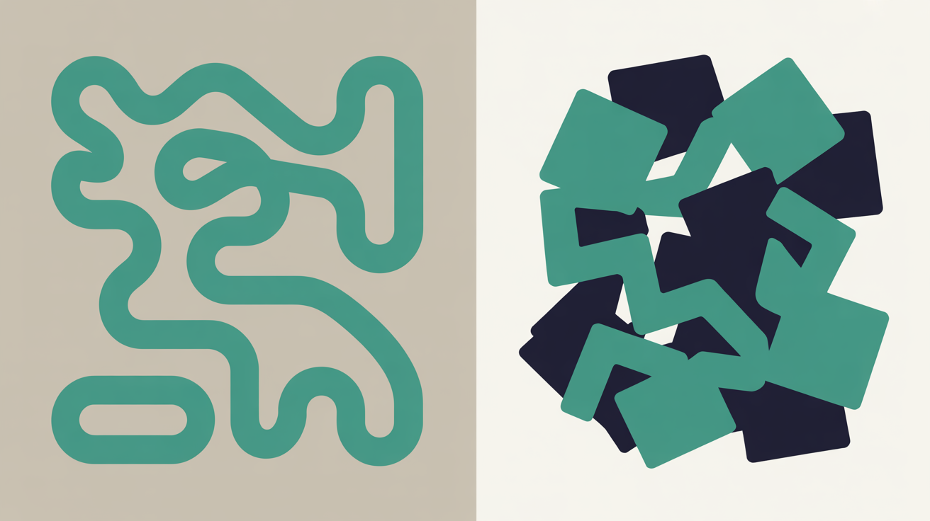 Two contrasting abstract zones on a warm grey background showing structured connected teal lines against scattered disconnected shapes