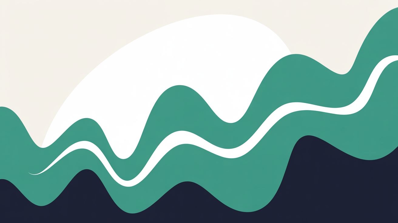 Flat illustration of abstract shapes suggesting upward momentum and market growth with teal lines on warm grey