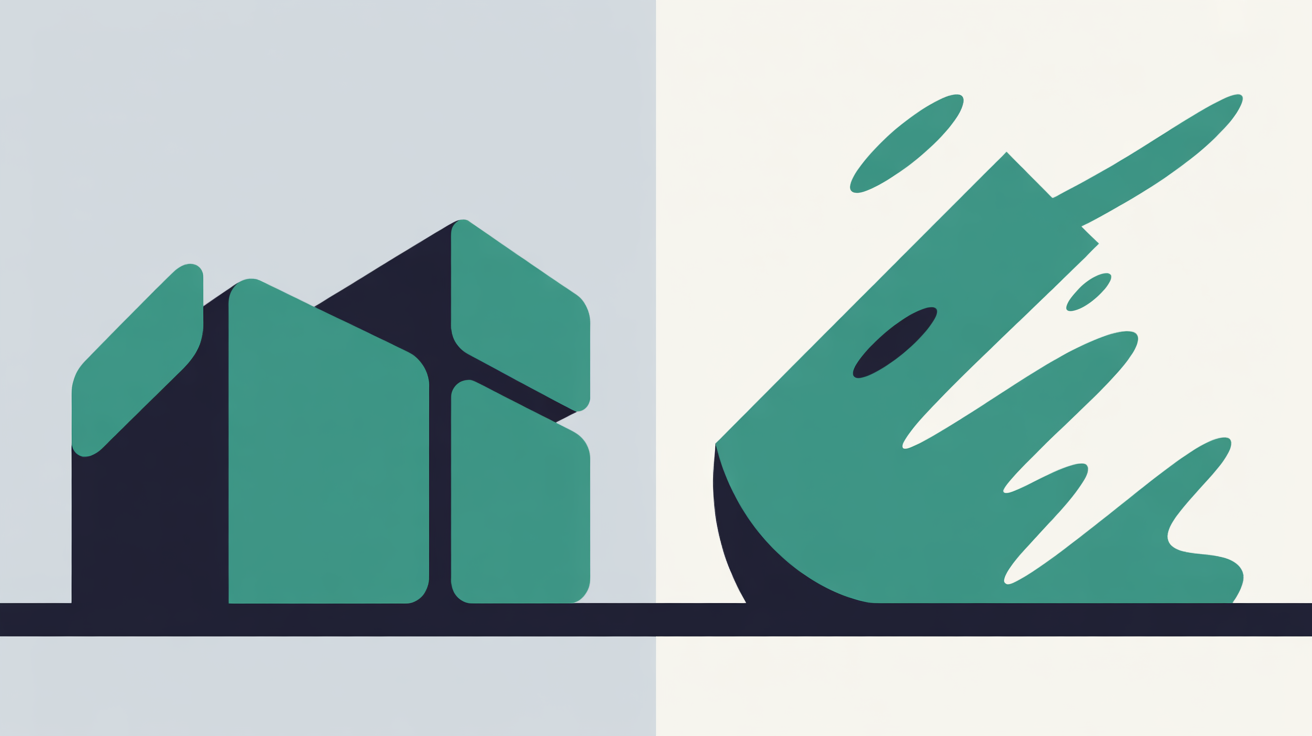 Abstract flat illustration of two contrasting zones with teal geometric shapes on warm grey background suggesting market transformation