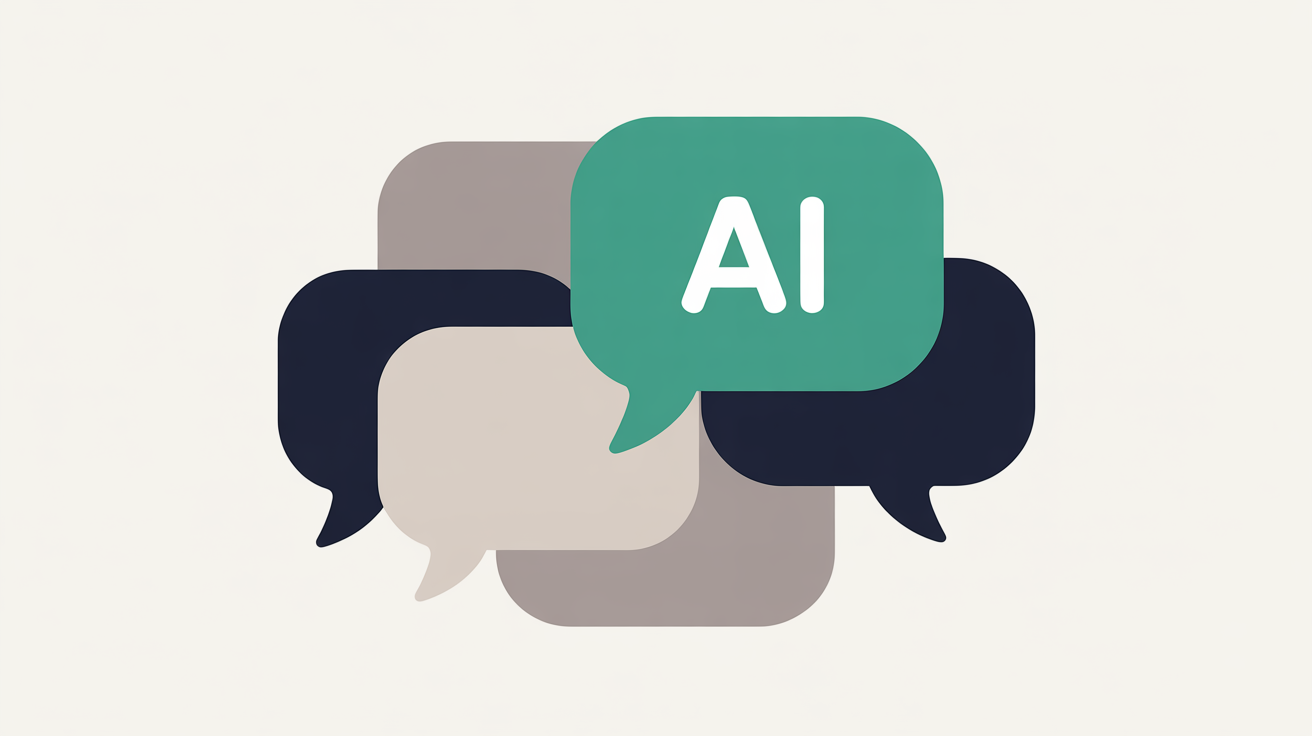 Abstract illustration of conversation bubbles with one teal bubble standing out among warm grey ones, suggesting being chosen as the AI answer