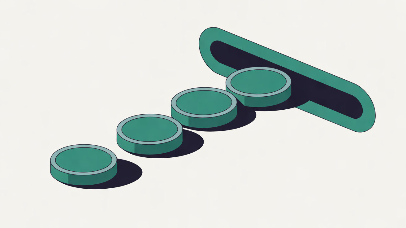 Flat illustration of four teal tokens lined up beside a long rounded navy slot on an off-white background