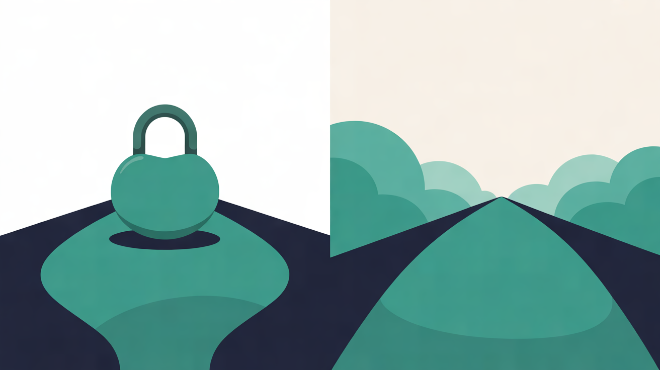 Flat illustration split in two, with a teal padlock on a narrow path on one side and a wide open teal path leading towards rounded shapes on the other