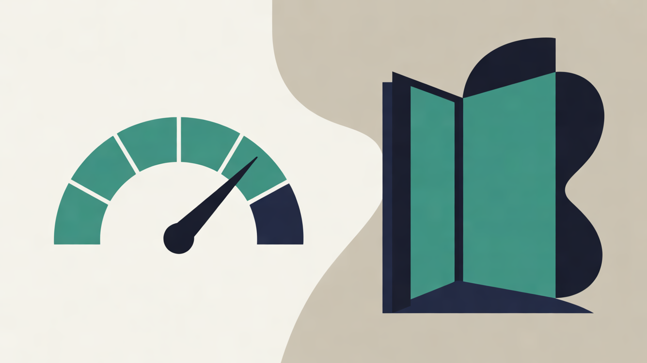Flat illustration of a teal and navy dial with its needle near the end of the scale, beside an open teal doorway on a warm stone background