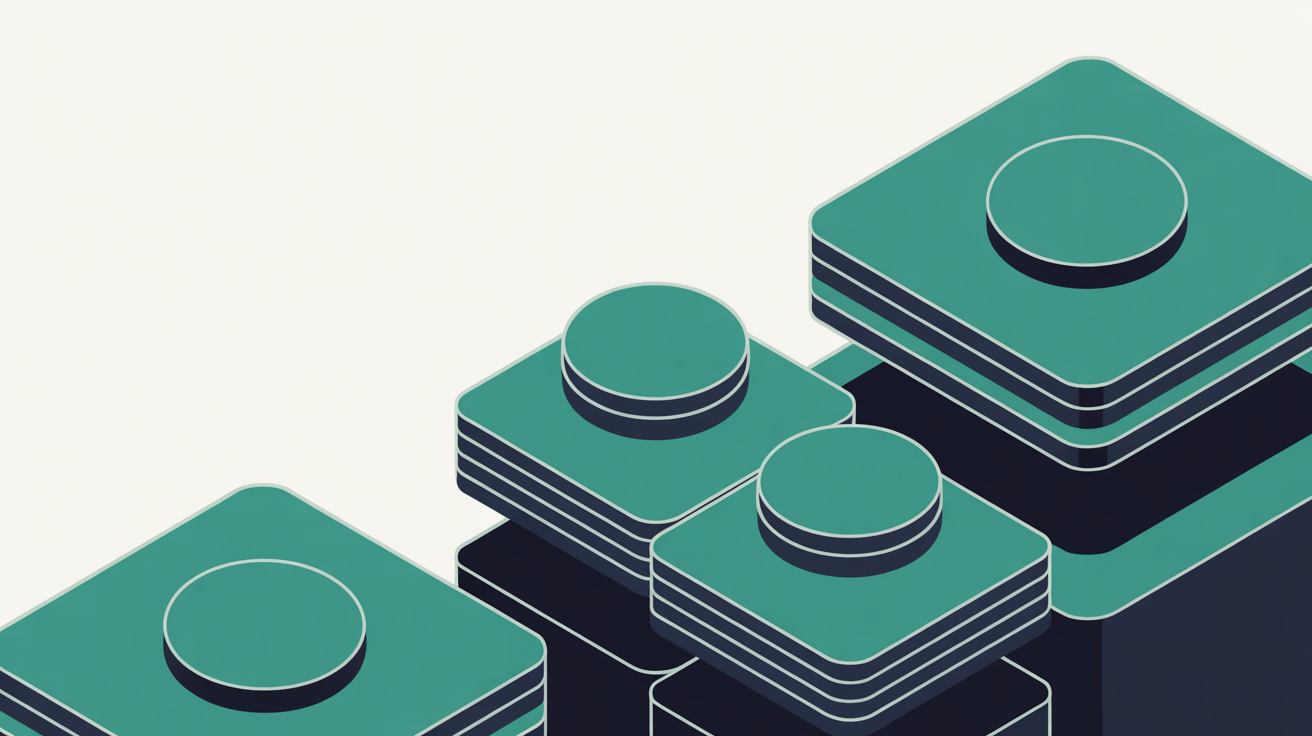 Abstract flat illustration of layered geometric shapes stacked upward suggesting enterprise infrastructure, teal rectangles and circles on warm off-white background