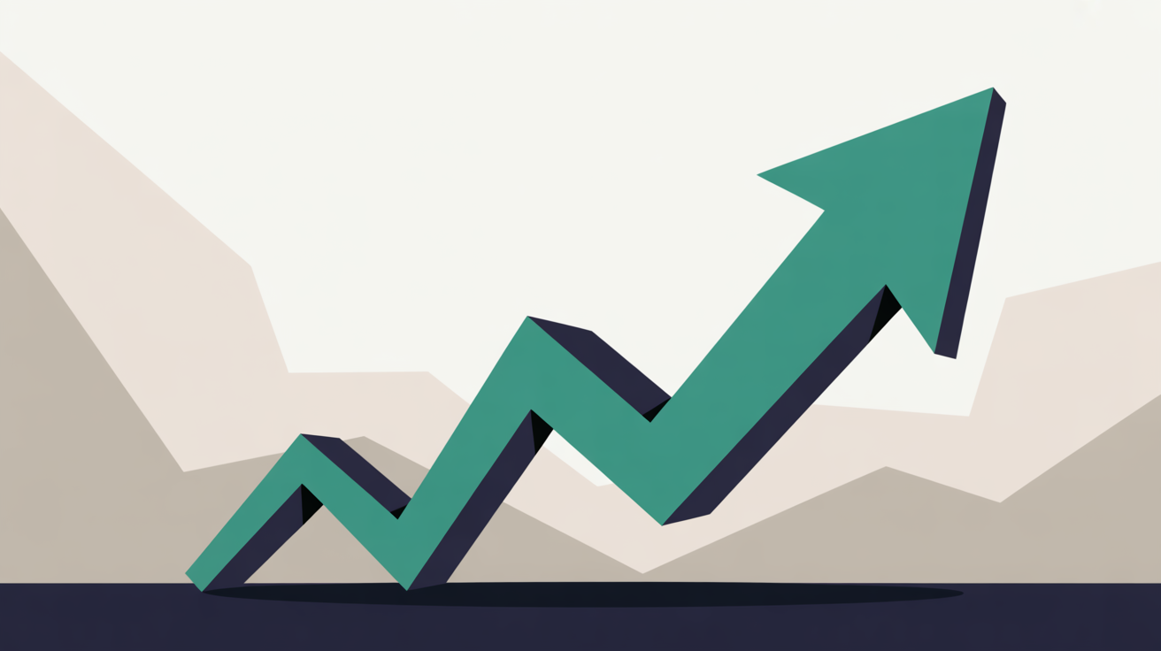 Abstract upward growth trajectory with teal geometric shapes rising against warm grey background