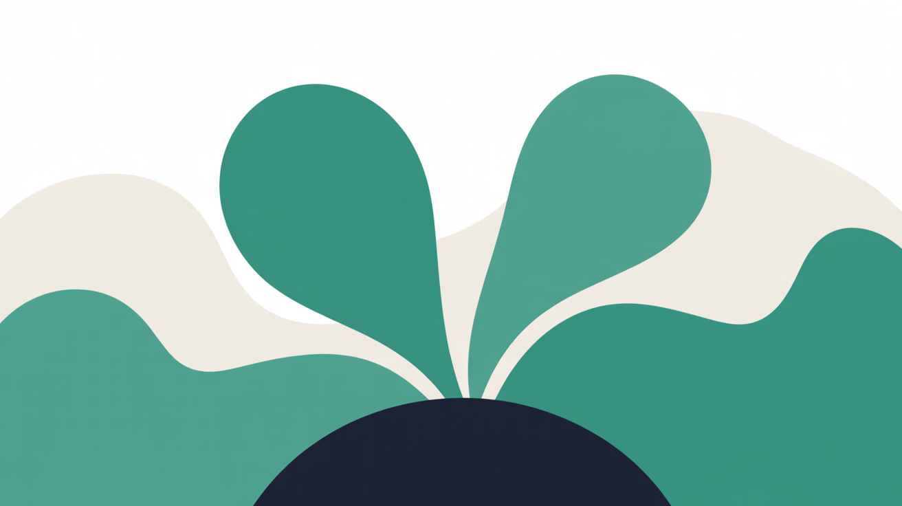Soft abstract illustration of organic shapes growing and connecting in teal on a warm grey background