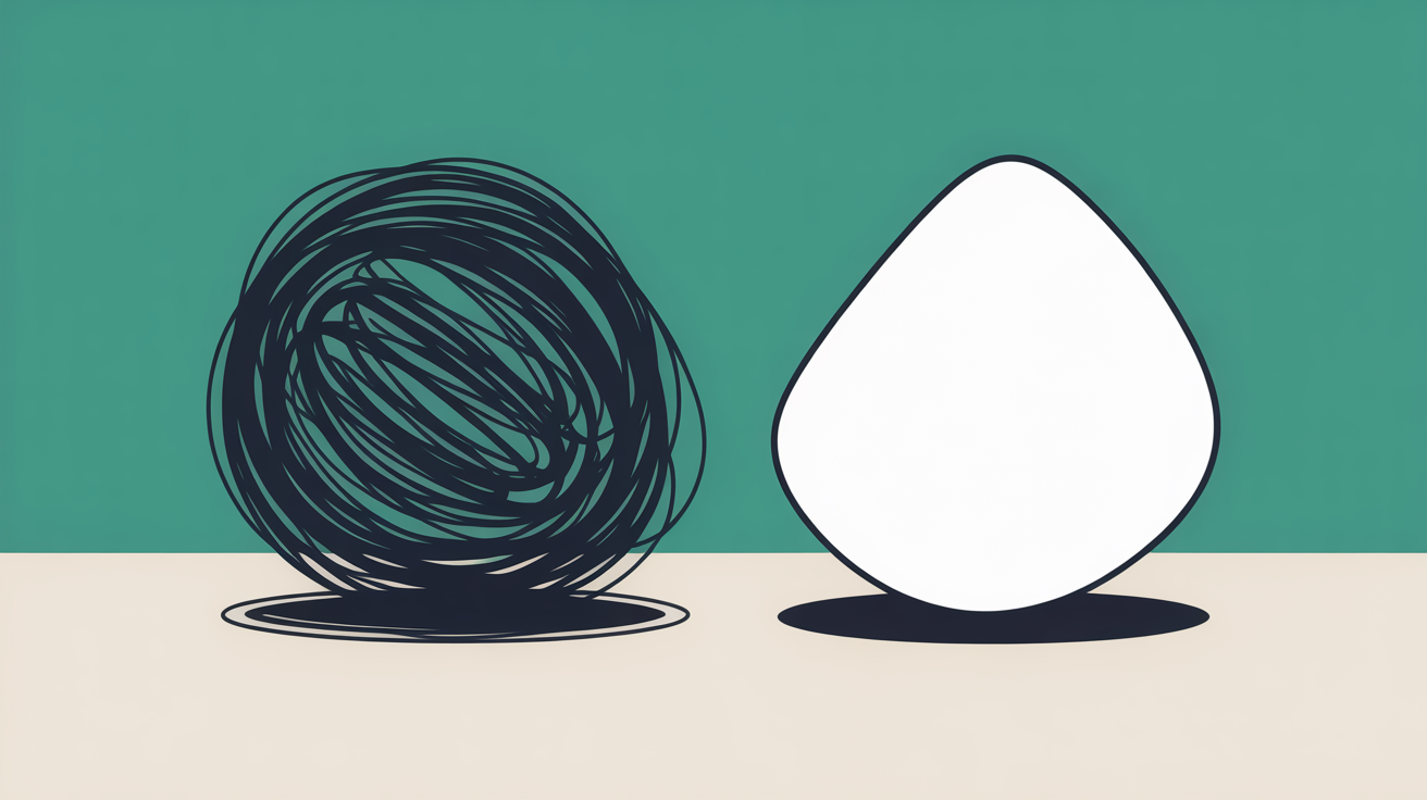 Minimal flat illustration of a rough shape being refined into a clean form, teal accent on warm grey