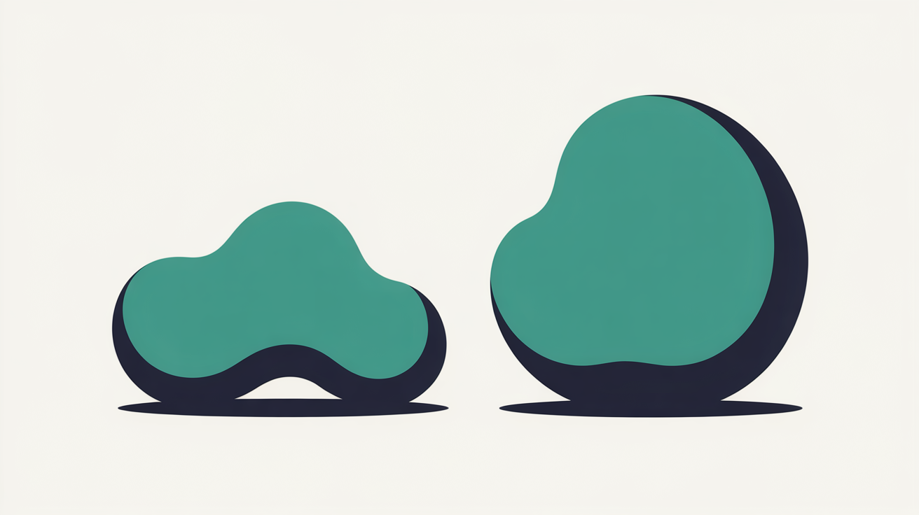 Soft flat illustration of a rough organic shape resolving into a clean, structured form in teal on a warm grey background