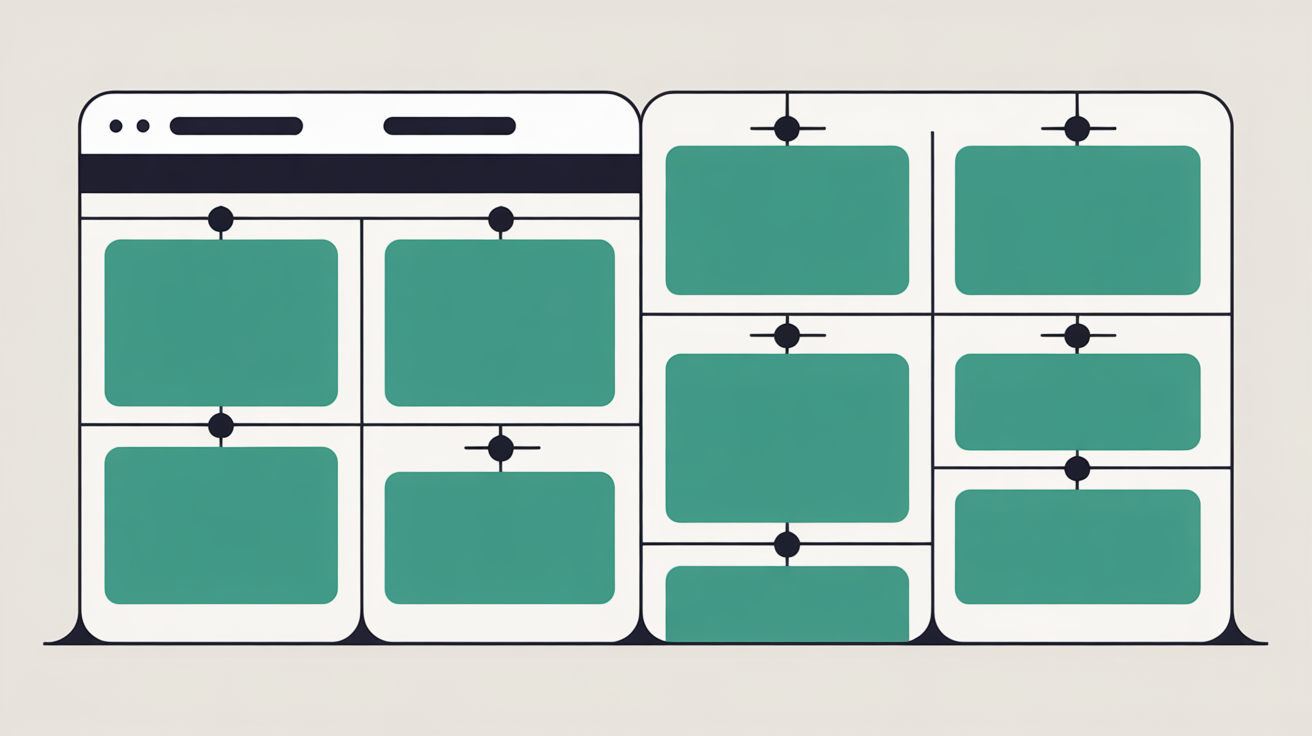 Abstract grid of teal blocks and lines arranging into a structured layout on warm off-white background, suggesting page content composition