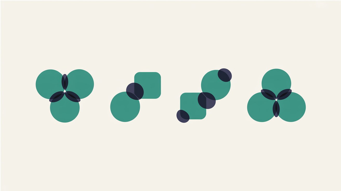 Four clusters of overlapping teal and navy circles and squares arranged in a row on a warm off-white background, each cluster arranged differently so that none of them match