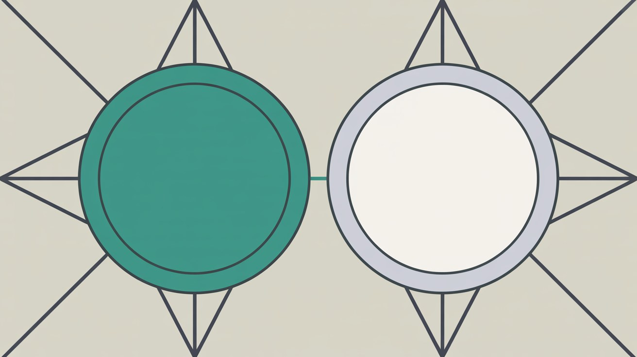Two abstract compass-style circular markers side by side on a warm grey background, one solid teal and one pale grey, standing apart from each other