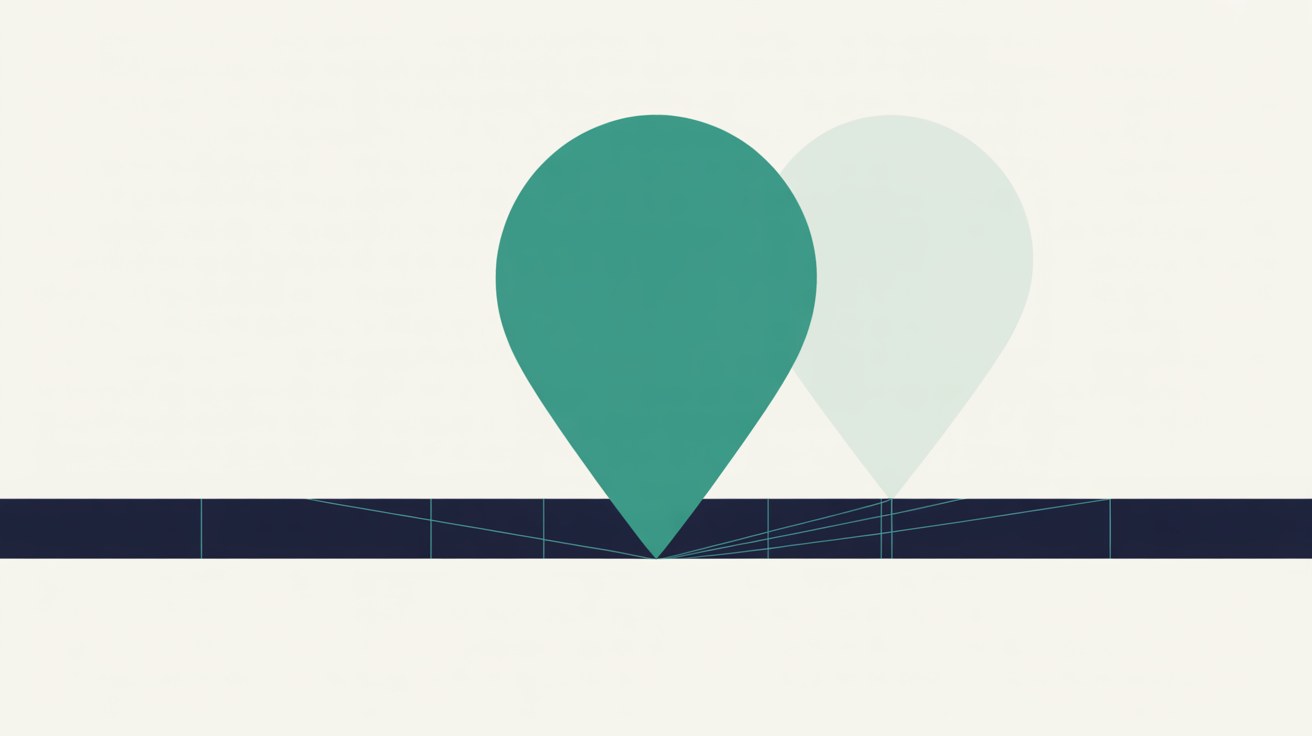 Simple abstract illustration of a single teal location marker sitting precisely on a grid line, with a faded duplicate marker off to one side