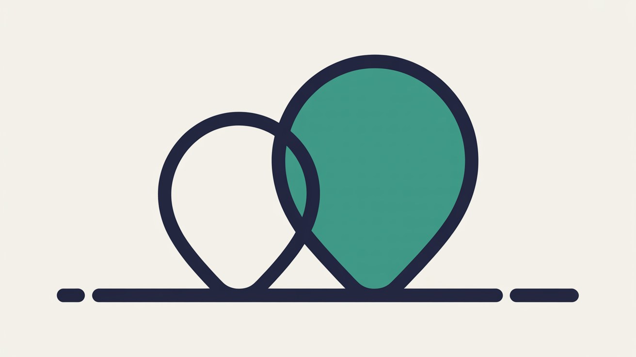 Flat illustration of two overlapping map pins resting on a single horizontal line, one filled teal and one drawn as a navy outline