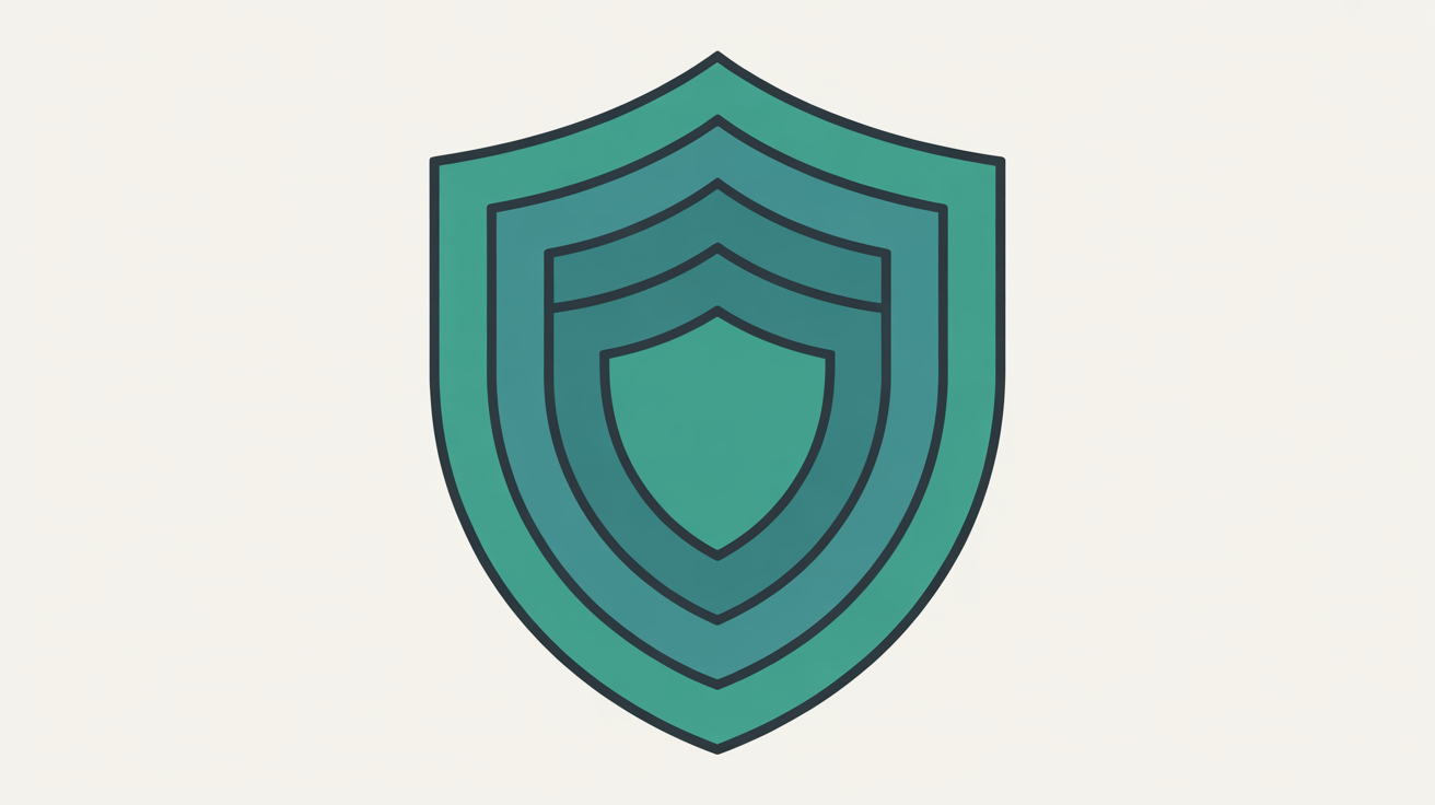Layered abstract shield shapes and connected nodes in teal on a warm grey background, suggesting multi-layered malware detection