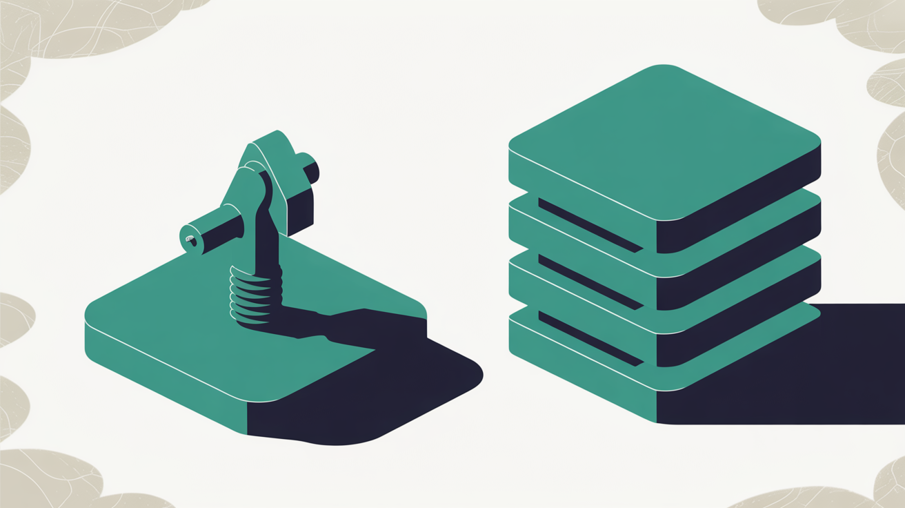 Flat abstract illustration contrasting a single fragile bolted-on shape against a separate layered foundation of stacked geometric blocks, in teal on warm grey, suggesting protection that sits outside rather than inside