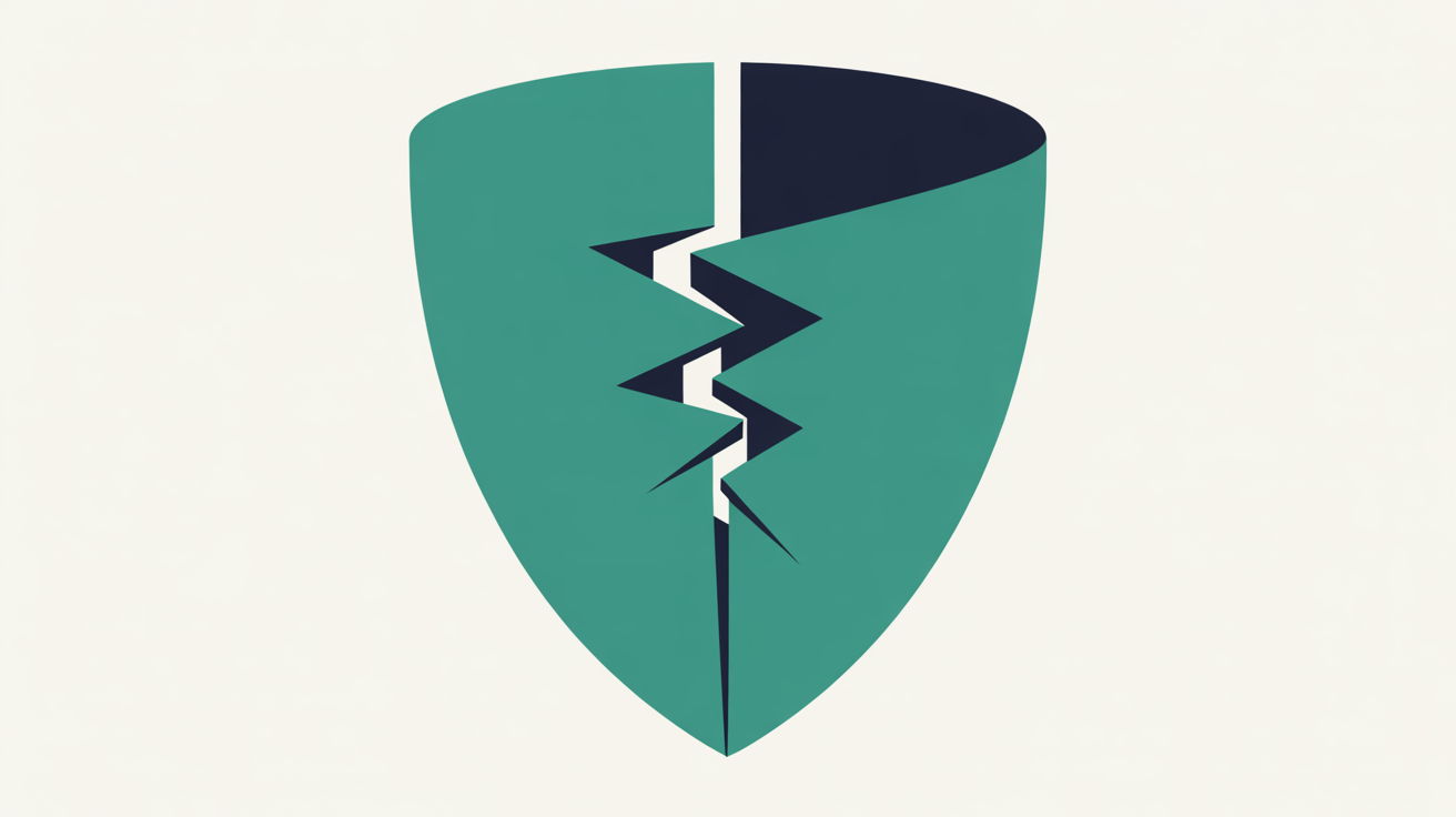 Flat abstract illustration of a solid teal shield-like shape with a thin fracture line running through its centre, on a warm grey background, suggesting hidden weakness in something meant to protect