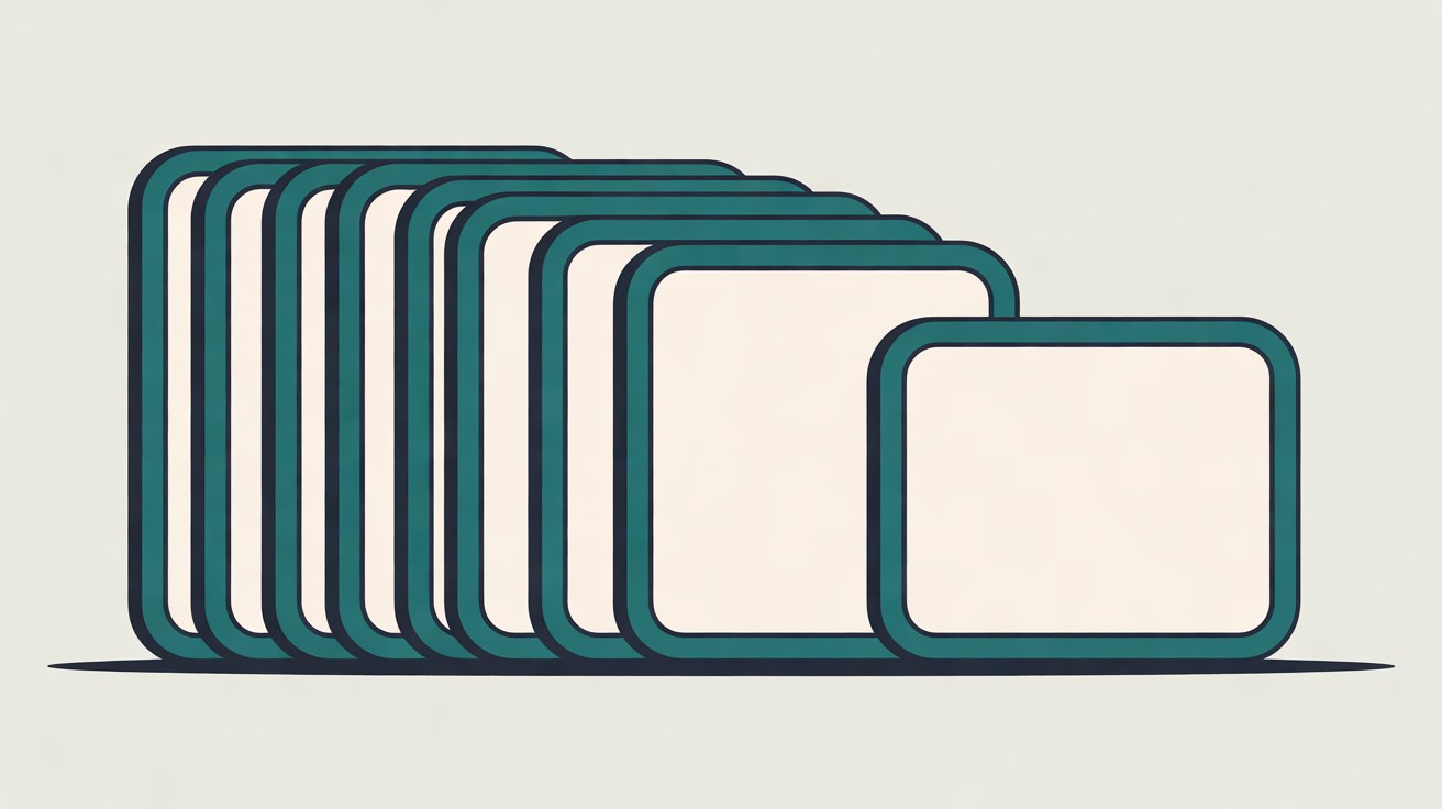 Flat illustration of teal outlined cards stacked one behind another in a row, with one card set apart at the end on a warm grey background