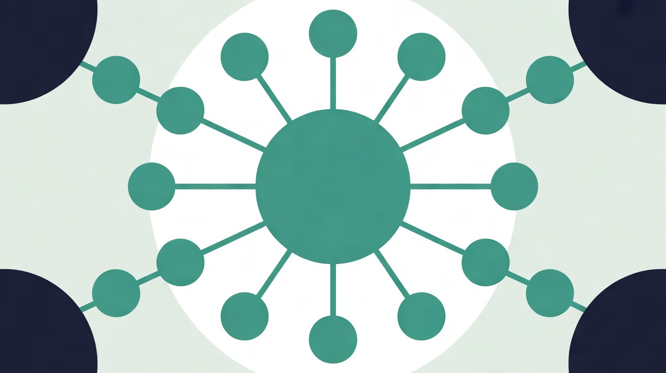 Abstract illustration of teal lines linking small circular nodes across a warm grey background, suggesting a business connected to several independent sources